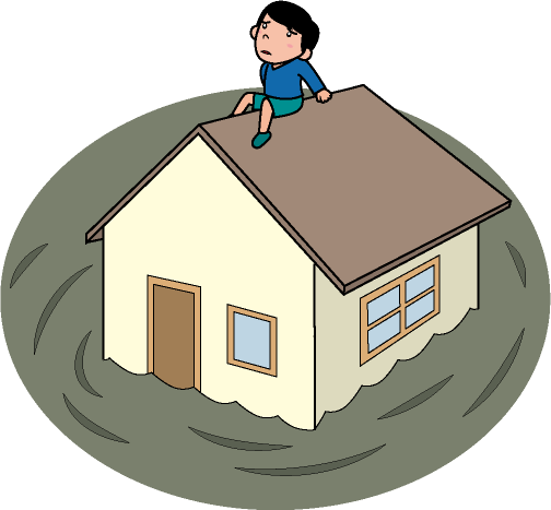 洪水で住宅に水が浸水し屋根の上に登って助けを待つ人のイラスト素材です ビジソザ