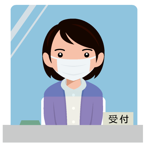 感染症対策のためアクリル板の向こう側で座るマスクを付けた受付係のイラスト