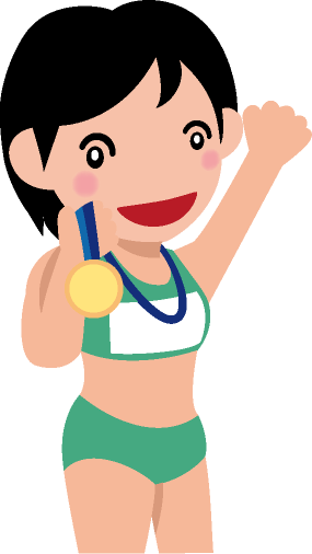 首にかけたメダルを持ち上げて手を振る勝利を手にして喜んでいる女性アスリートのイラスト