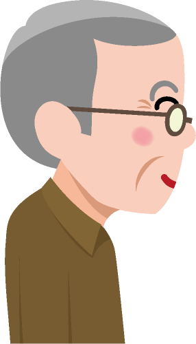 眼鏡をかけた白髪頭の高齢男性の横顔と上半身のイラスト