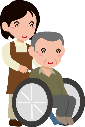 車椅子に乗った高齢者と車椅子を押す介護職員